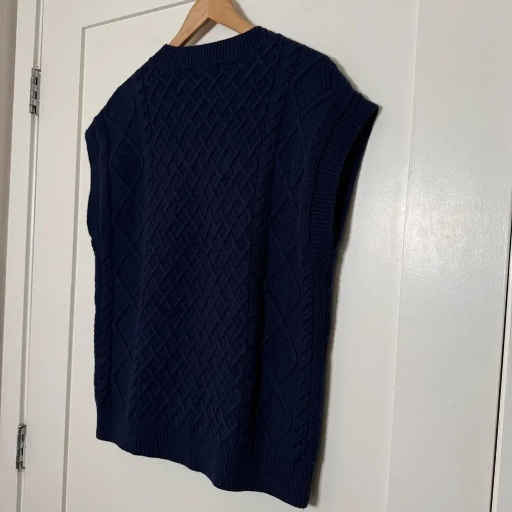 Madewell Sweater Vest Women Sz XS Navy Cable Knit V Neck Short Sleeve Wool Blend